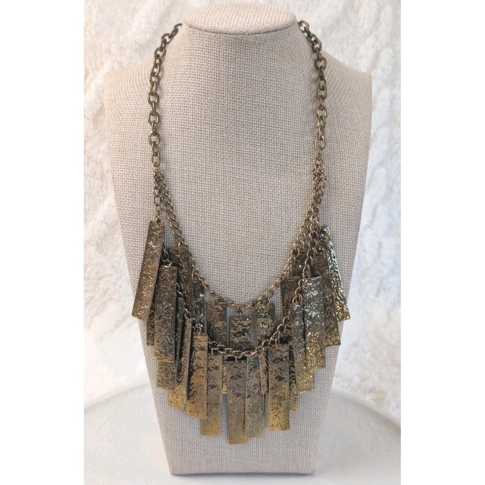 Antique Gold‎ Tone Bib Statement Necklace Textured Bar Fringe Boho
